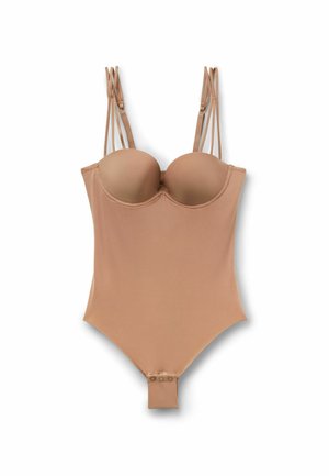 Beżowy bezramowy body z fiszbinami, podwójnymi regulowanymi ramiączkami i zapięciami na zatrzaski w kroku.