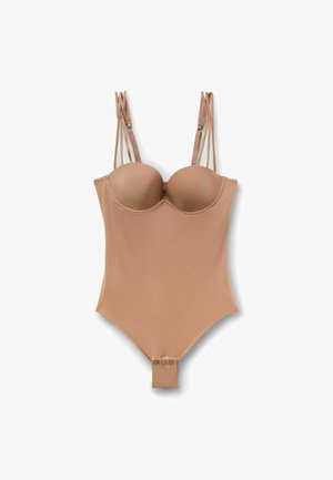 Trägerloser beiger Body mit Bügelcups, doppelt verstellbaren Schulterriemen und Druckknopfverschluss im Schritt.