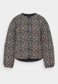 Veste matelassée bleu marine à fleurs avec encolure ronde, manches longues bouffantes et fermeture à boutons. Présente de petits motifs floraux orange et bleu sur l'ensemble.