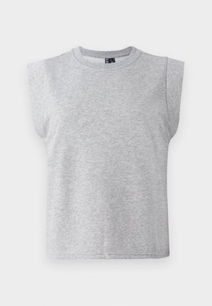 Gray sleeveless t-shirt made from soft fabric with a round neckline and slightly padded shoulders, featuring a straight hem.