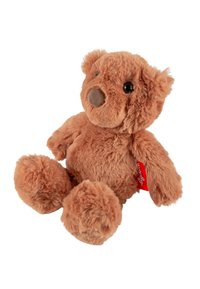 Plush teddy bear in light brown fur, with rounded ears, black eyes, and a soft brown nose. Features a red tag on its side.