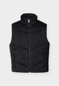 Μαύρο αμάνικο γιλέκο με επένδυση, ψηλό γιακά, φερμουάρ μπροστά, δύο πλαϊνές τσέπες με φερμουάρ και διακριτικό λογότυπο στο στήθος.