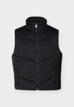 Must musta lühikeste varrukatega tikitud vest kõrge kraega, esikinnitus lukuga, kaks lukuga küljetaskut ja peen logo rinnal.