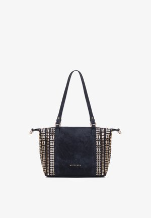 Sac cabas en daim noir avec des clous dorés circulaires en rayures verticales et des doubles anses d'épaule, arborant le logo "WITTCHEN" en lettrage doré.