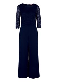 Marineblauer Jumpsuit mit Spitzen-3/4-Ärmeln, Spitzenoberteil, Rundhalsausschnitt, taillierter Taille und weiten Hosenbeinen.