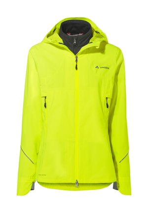 Giacca impermeabile Vaude di un brillante colore giallo. Caratterizzata da una chiusura con zip sul davanti, cappuccio, due tasche laterali, accenti riflettenti e un design testurizzato.