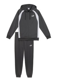 Chándal gris compuesto por una sudadera con cremallera y acentos blancos, y pantalones a juego. Fabricado en material sintético suave con puños elásticos.