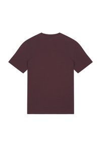 Bordeauxrotes Baumwoll-T-Shirt mit kurzen Ärmeln, Rundhalsausschnitt und einem einfachen, einfarbigen Design. Keine sichtbaren Muster oder Verzierungen.