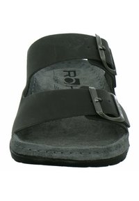 Sort slide sandal med to justerbare stropper med sølv spænder. Blødt grå fodseng med tekstureret overflade, syet sort sål.