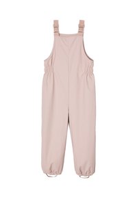 Helle rosa Latzhose mit verstellbaren Trägern, elastischem Bund und gerafften Bündchen. Hergestellt aus glattem Stoff, konzipiert für eine lockere Passform.