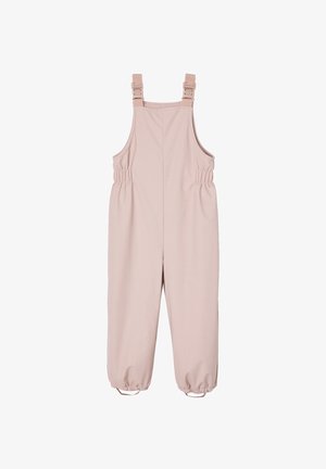 Helle rosa Latzhose mit verstellbaren Trägern, elastischem Bund und gerafften Bündchen. Hergestellt aus glattem Stoff, konzipiert für eine lockere Passform.