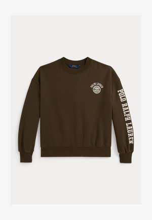 Hanorac din bumbac maro cu mansete și tiv cu nervuri. Prezintă accente de logo alb pe partea din față și pe mânecă. Guler clasic de tip crew.