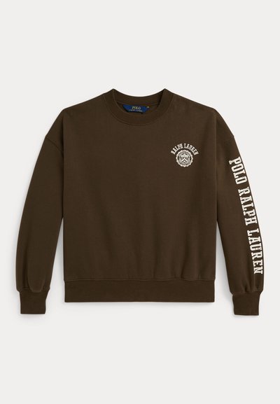 Sweatshirt de algodão castanho com punhos e bainha canelados. Apresenta detalhes de logotipo branco na parte da frente e na manga. Decote redondo clássico.