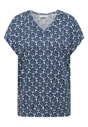 Kurzärmlige V-Ausschnitt-Bluse mit marineblauem und weißem fächerförmigem Muster, lockerer Passform und Etikett "Cecil" am Innenkragen.