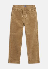 Pantalons en velours côtelé marron avec une taille élastique, un cordon de serrage et des poches latérales. Tissu texturé et côtelé avec une coupe décontractée.