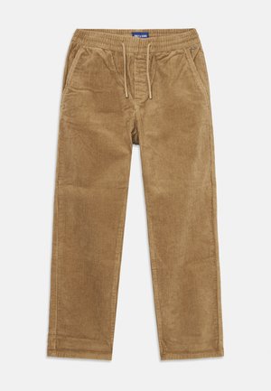 Braune Cord-Hose mit elastischem Bund, Zugband und seitlichen Taschen. Strukturierter, gerippter Stoff mit lockerer Passform.
