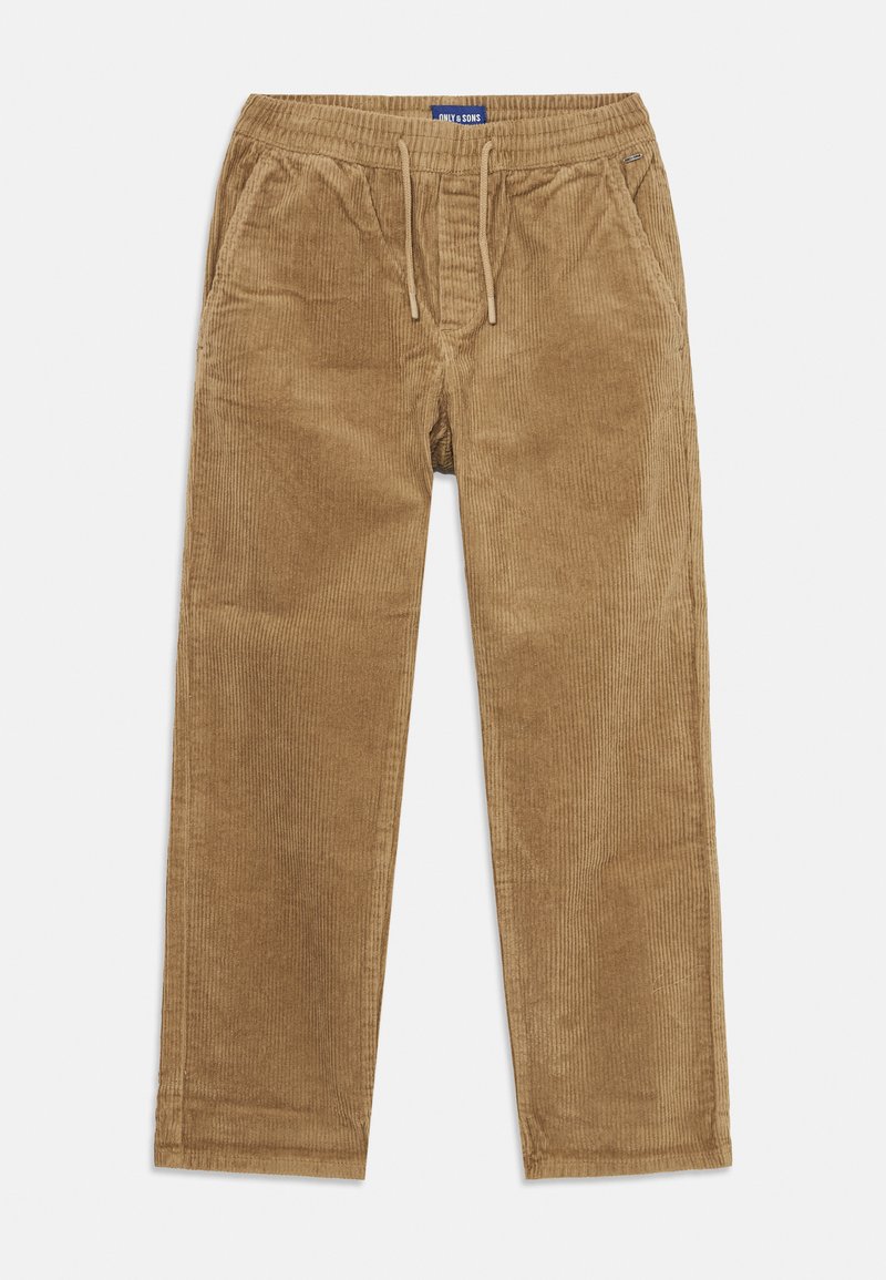 Pantalons en velours côtelé marron avec une taille élastique, un cordon de serrage et des poches latérales. Tissu texturé et côtelé avec une coupe décontractée.