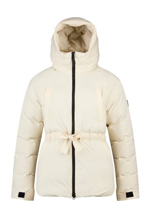 Crème-kleurige gevoerde jas met capuchon, voorrits, verstelbare tailleband en klittenband manchetten, ontworpen voor koud weer.