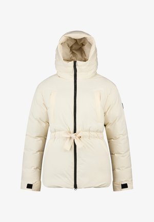 Cremefarbene gepolsterte Jacke mit Kapuze, Frontreißverschluss, verstellbarem Taillenzug und Klettverschluss an den Handgelenken, entworfen für kaltes Wetter.