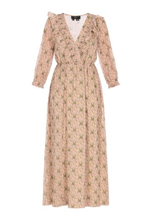 Maxime vestido dengan lengan panjang bervolume, leher berbentuk V, dan rincian berenda. Pola bunga merah muda di latar belakang terang, pinggang yang terikat, rok mengalir.