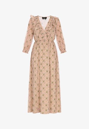 Rochie maxi cu mâneci lungi, umflate, decolteu în V și detalii volanate. Model floral roz pe un fundal deschis, talie strânsă, fustă fluidă.