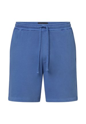 Shorts décontractés bleus avec ceinture élastique, cordon de serrage et poches latérales, conçus pour le confort et un usage quotidien.