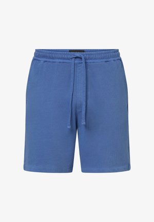 Mėlyni laisvalaikio šortai su elastine juosmens juosta, raišteliu rišimui ir šoninėmis kišenėmis, sukurti patogumui ir kasdieniam dėvėjimui.