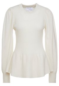 Slonovinový top s dlouhým rukávem a žebrovanou texturou, přiléhavým korpusem a peplum lemem. Disponuje nabíranými rukávy a kulatým výstřihem, ideální pro každodenní nošení.