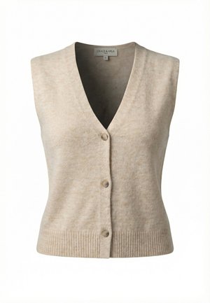 Gilet sans manches en maille beige avec encolure en V, trois boutons sur le devant, ourlet côtelé et étiquette Grace & Mila à l'intérieur du col.
