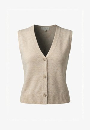 Gilet smanicato beige lavorato a maglia con scollo a V, tre bottoni frontali, orlo a coste e etichetta Grace & Mila all'interno del colletto.