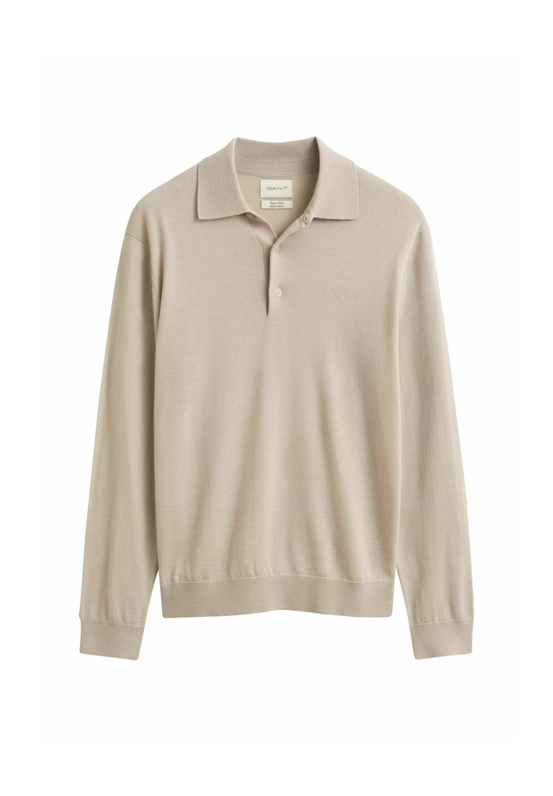 Beige long-sleeve polo shirt with collar and two buttons, ribbed cuffs and hem, plain knit fabric, and GANT brand label inside collar.