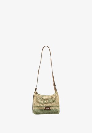Bolso pequeño tejido tipo bandolera en beige y verde con la palabra "Flower" bordada al frente y correa ajustable de cuero marrón.