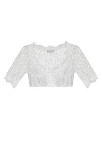Blouse courte en dentelle blanche avec manches trois-quarts et bords festonnés, ornée de motifs floraux et d’un décolleté en V profond.