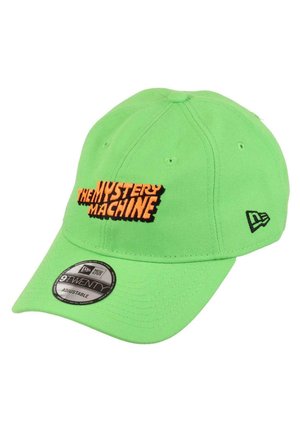 Green cotton cap with an adjustable strap. Features "MYSTERY MACHINE" in bold orange text. Round crown and curved brim with logo detail on the side.
