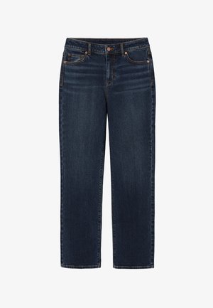 Vaqueros de mezclilla azul oscuro con corte recto, con cinco bolsillos, detalles de herrajes de cobre y cinturilla estándar.