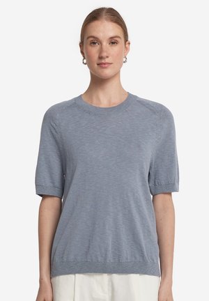 Lyseblå strikket kortærmet sweater med rund halsudskæring, ribbede manchetter og kant, som har en glat tekstur og en afslappet pasform.