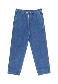 Pantalones de mezclilla azul con cintura elástica, cordón y bolsillos laterales. Diseño de pierna recta con una textura suave y costuras resistentes.