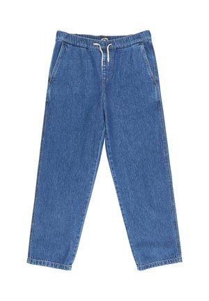 Pantaloni in denim blu con cintura elastica, cordoncino e tasche laterali. Design a gamba dritta con una texture liscia e cuciture robuste.