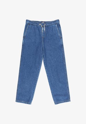 Blauwe denim broeken met een elastische tailleband, trekkoord en zijzakken. Rechte pijpen met een gladde textuur en stevige stiksels.
