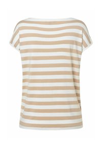 Gestreepte t-shirt in beige en wit, korte mouwen, relaxte pasvorm, ronde halslijn, zacht katoen, met horizontale strepen.