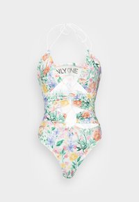Fato de banho de uma peça com padrão floral em cores pastel, apresentando um design cruzado e um recorte na cintura. Feito de tecido leve.