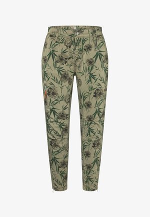 Zielone spodnie w kwiatowy wzór o tapered designie, wykonane z lekkiego materiału, z zamkami błyskawicznymi przy mankietach i kieszeniami bocznymi.