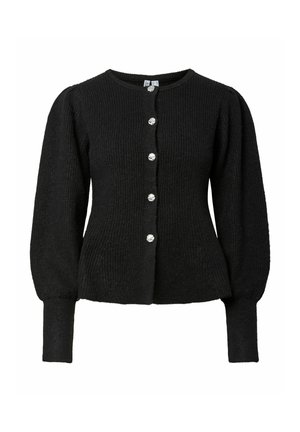 Cardigan nero lavorato a maglia con una texture a coste, scollo rotondo e maniche lunghe a sbuffo. Chiuso con bottoni decorativi argentati davanti.