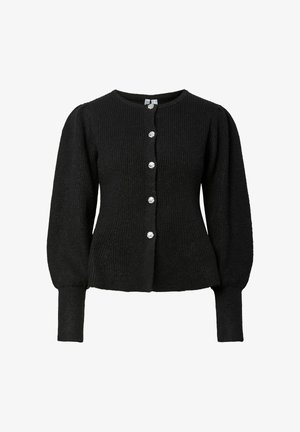 Cardigan nero lavorato a maglia con una texture a coste, scollo rotondo e maniche lunghe a sbuffo. Chiuso con bottoni decorativi argentati davanti.