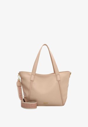 Beige Ledertasche mit zwei Griffen, strukturierter Oberfläche und abnehmbarem Schulterriemen mit Muster. Verfügt über dezentes Logodetail auf der Vorderseite.