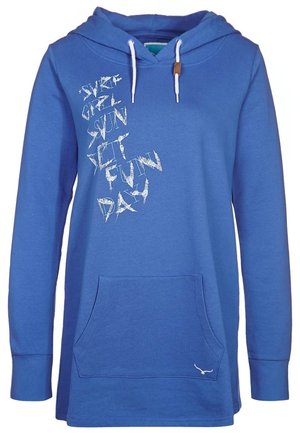 Sweat à capuche bleu avec cordons blancs, poche kangourou devant et texte blanc "SURF GIRL SUN PET FUN DAY" sur la poitrine gauche.