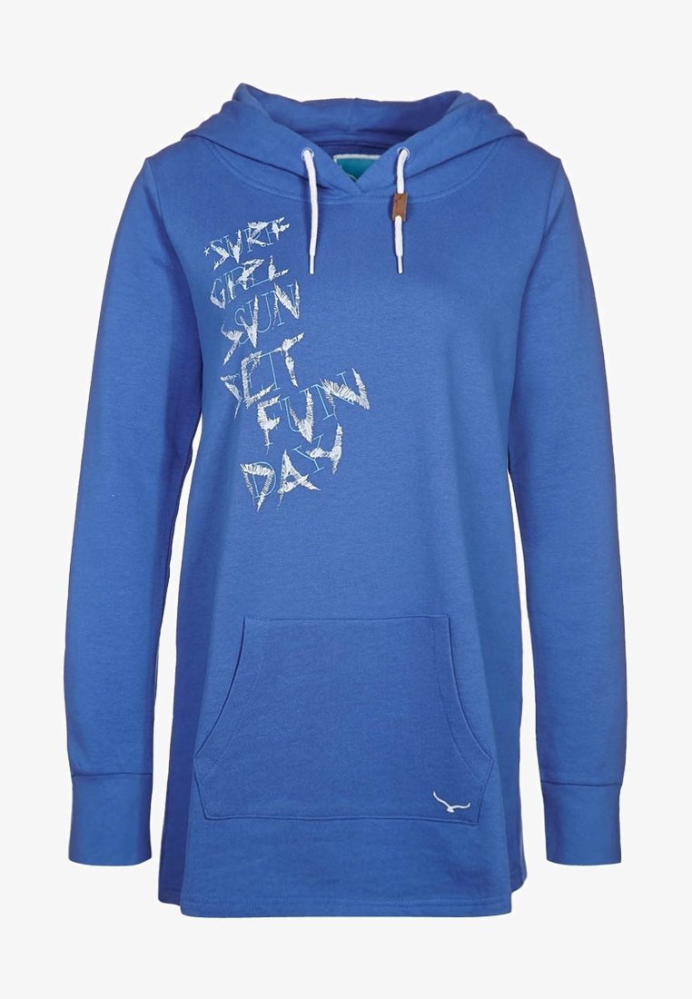 Sweat à capuche bleu avec cordons blancs, poche kangourou devant et texte blanc "SURF GIRL SUN PET FUN DAY" sur la poitrine gauche.