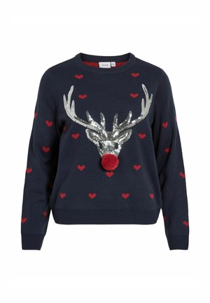Námořnický pletený svetr s červenými srdíčky, hlavou soba pokrytou stříbrnými flitry a červeným bambulovým nosem. Hladké manžety a lem.
