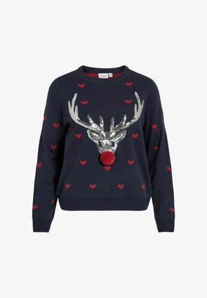 Námořnický pletený svetr s červenými srdíčky, hlavou soba pokrytou stříbrnými flitry a červeným bambulovým nosem. Hladké manžety a lem.