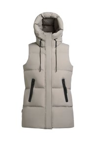 Kreemikas pehme voodriga vest kõrge kraega, kahe musta lukuga taskuga ja reguleeritavate nööridega. Disain on ilma varrukateta ja tikand on soe.